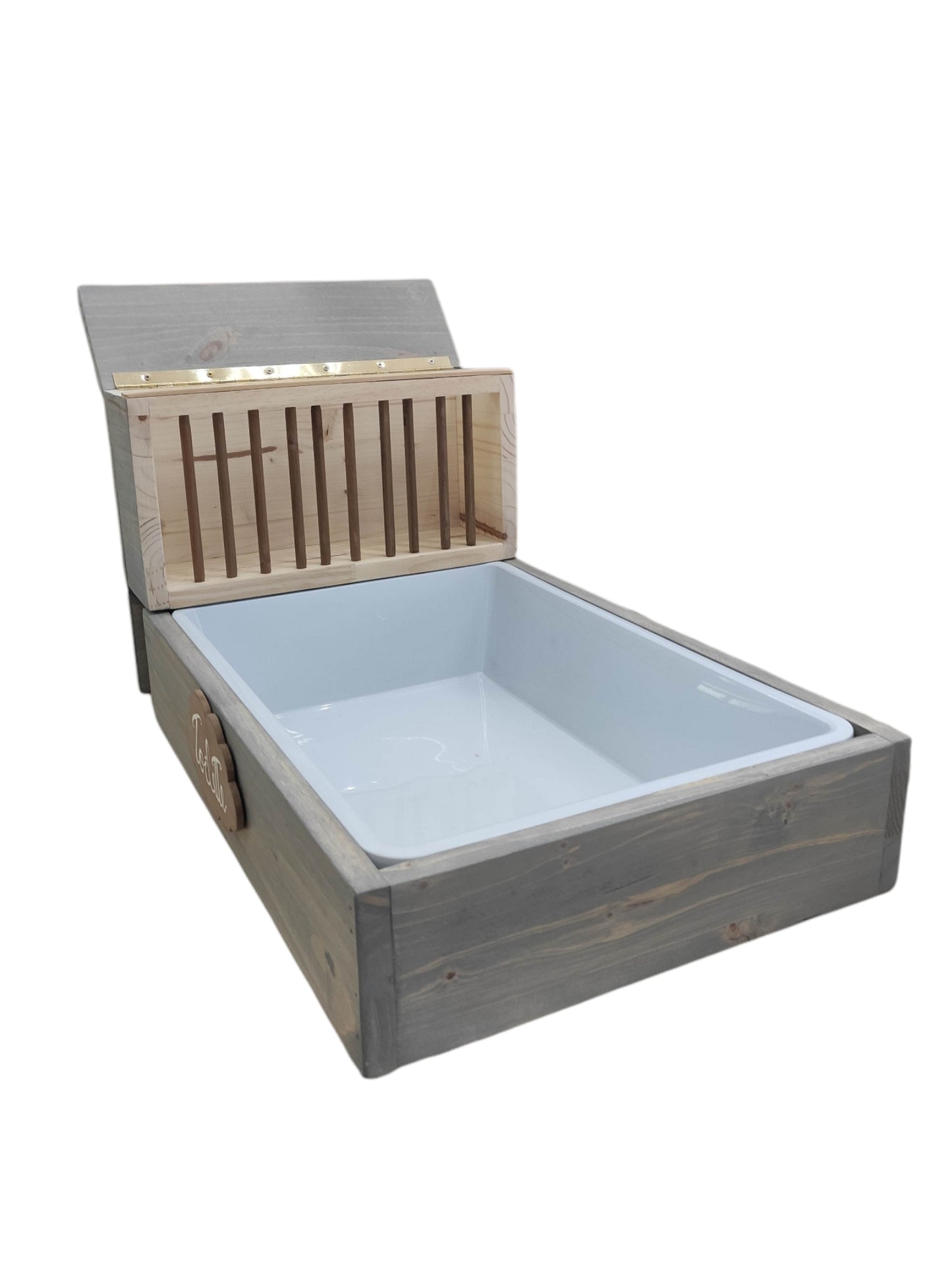 Lettiera mangiatoia fieno per conigli, legno massello con sagoma nuvola personalizzata, vasca in plastica riciclabile, contenitore fieno in legno con tondini legno e apertura dall'alto, colore nuvola